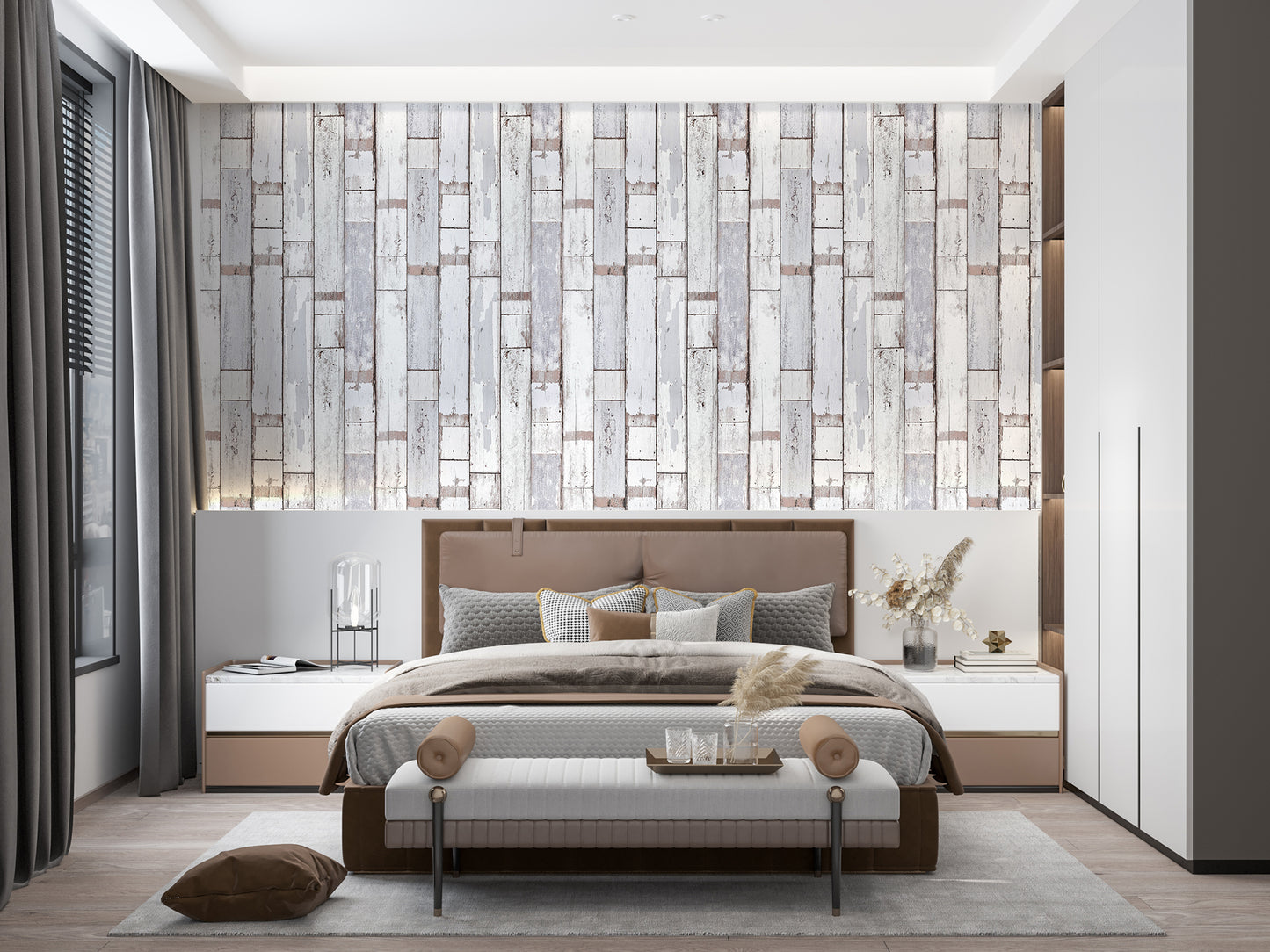 Distressed Wood Light Texture, White Paint Panel Wallpaper