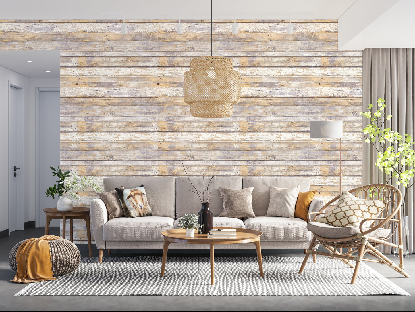 Distressed Wood Light Texture, Light Brown Panel Wallpaper